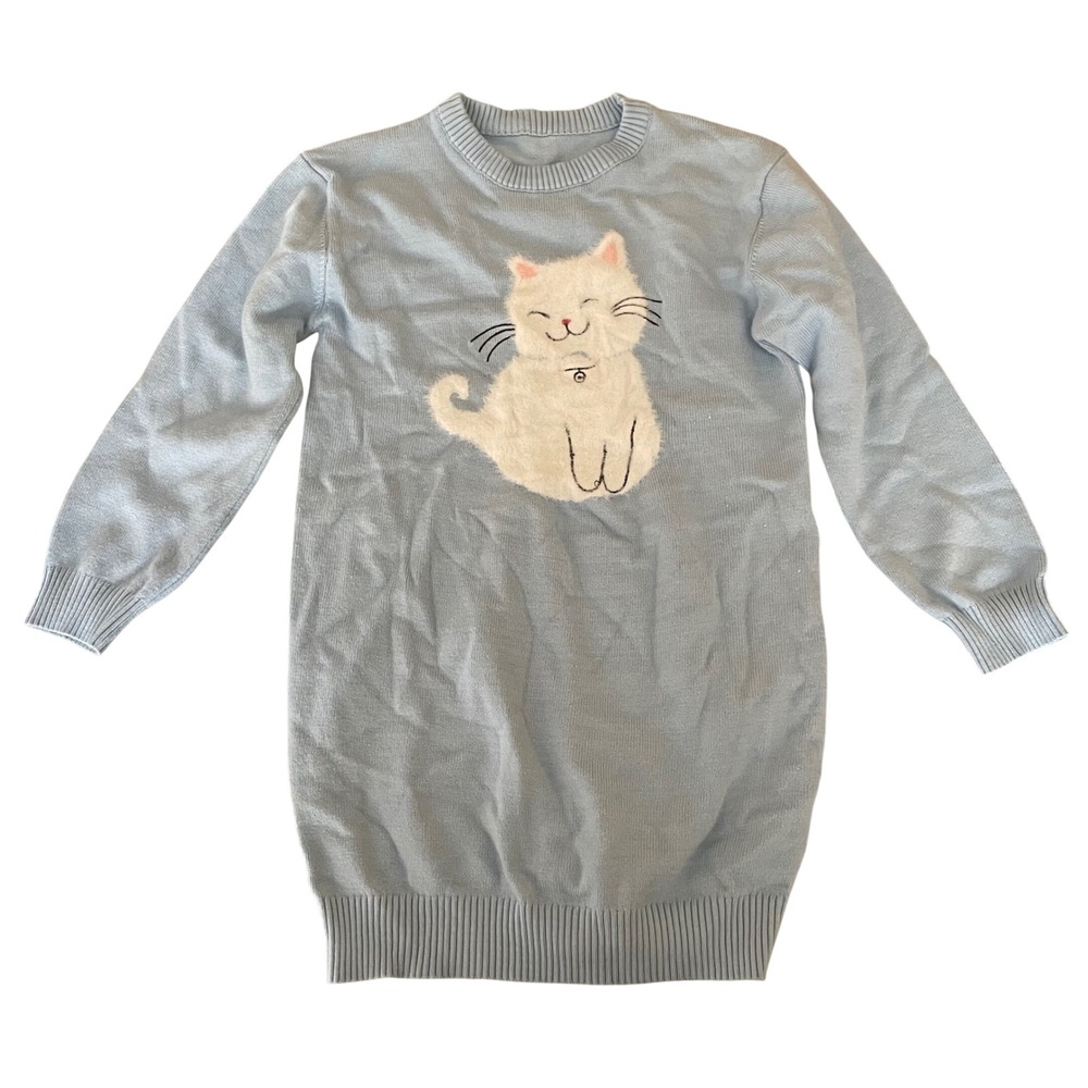 Light Blue Cat Graphic Knit Sweater Dress Tunic Long Sleeve Crew Neck Ribbed